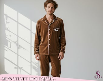 Personalized Velvet Full Pajama for Men Custom Name PJs Soft Warm Elegant Set Anniversary Gift Groom Wear Birthday Gift Comfort Set for Him