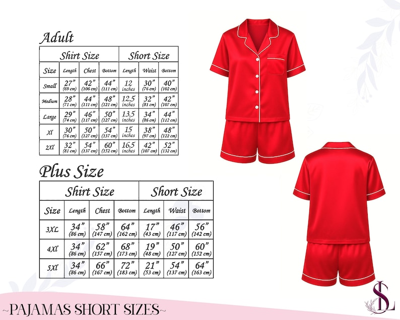 May include: A red pajama set consisting of a short-sleeved button-down shirt with a collar and matching shorts, both featuring white piping. A size chart for adult and plus sizes is included, displaying measurements in inches and centimeters.
