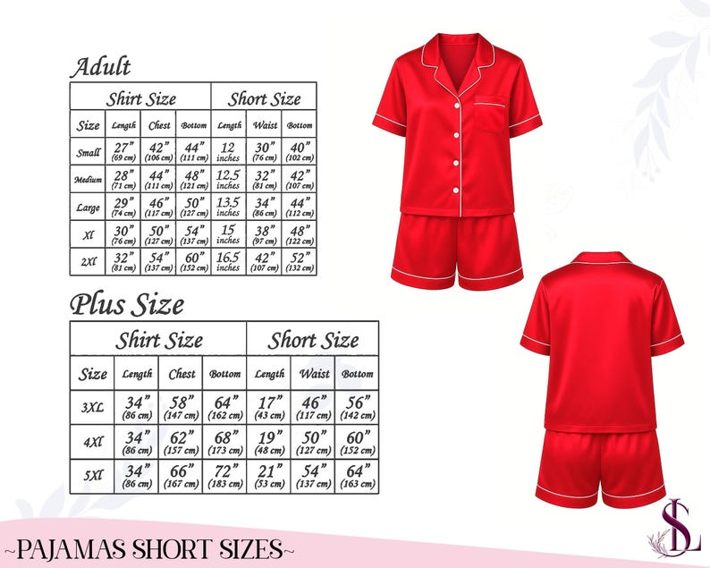 Op de afbeelding: Rode satijnen pyjamaset met witte bies, inclusief een overhemd met korte mouwen en bijpassende shorts. Maattabellen voor volwassenen en plusmaten worden weergegeven. De pyjamaset is een comfortabele nachtkledingoptie.