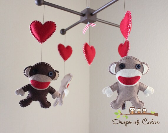 Baby Mobile Baby Crib Mobile Sock Monkey And Hearts Etsy