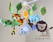 Safari Baby Mobile, Animals Baby Crib Mobile,  Neutral Girl Boy Nursery Jungle Mobile, Palm Leaves, Elephant, Giraffe, Monkey Handmade Felt