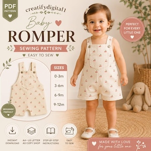 Può includere: Un cartamodello digitale per una tutina da neonato in tessuto color crema con stampa di piccole ciliegie rosse. La tutina presenta un davanti con pettorina e tasca, spalline con bottoni e gambe corte. Include le taglie da 0-3m a 9-12m.