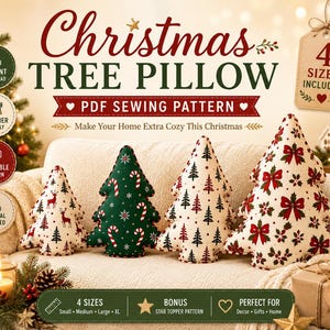 May include: A PDF sewing pattern for a Christmas tree pillow featuring four sizes. The image displays four plush tree-shaped pillows with various holiday prints, including reindeer, candy canes, and bows, alongside text detailing the pattern.