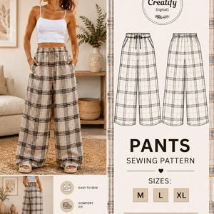 Puede incluir: Un patrón de costura para pantalones de pierna ancha con diseño de cuadros. El documento incluye dibujos técnicos de la parte delantera y trasera del pantalón con cintura de cordón, el texto Creatify Digital1, PANTS SEWING PATTERN y tallas M, L, XL.