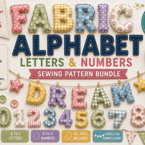 Paquete de patrones de costura de letras y números del alfabeto en tela / Guirnalda de nombres de 3 a 8 pulgadas (Descarga digital)