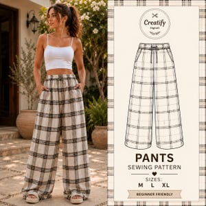 May include: Wide-leg pants with a beige and black plaid pattern, featuring an elastic waistband with a drawstring and side pockets. The right side displays a technical sewing pattern illustration labeled Creatify Digital1 Pants Sewing Pattern.