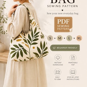 Könnte beinhalten: Ein PDF-Schnittmuster für eine Hobo-Tasche aus cremefarbenem Stoff mit grünem und goldenem Blattdruck. Der Text lautet HOBO BAG SEWING PATTERN, PDF SEWING PATTERN, S M L XL, BEGINNER FRIENDLY, INSTANT DOWNLOAD, PRINTABLE PDF, EASY TO SEW, STEP-BY-STEP INSTRUCTIONS, CREATIFYDIGITAL1 SEW CREATE INSPIRE.