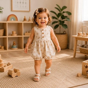 May include: A sleeveless beige romper featuring a delicate brown floral pattern, a round neckline with three brown buttons, and elasticized leg openings. The garment is paired with a small beige hair bow and light-colored strappy sandals.