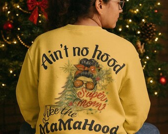 ママフッド スウェットシャツ、ホリデーファンジャンパー、クリスマスシーズンギフト、ユニセックスガーメントダイプルオーバー