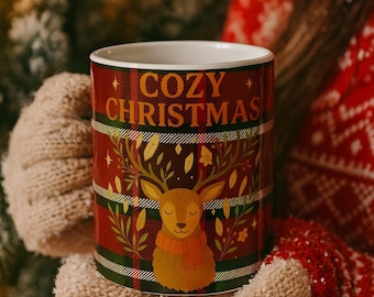 Cozy Christmas Reindeer Mug | Plaid Holiday Ceramic Coffee Cup