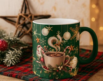 Christmas Ornaments Pattern Mug | Holiday Snowflakes Candy Cane Cocoa