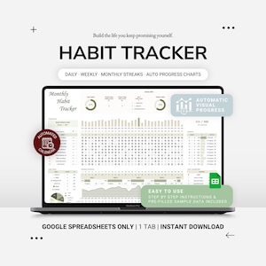 Op de afbeelding: Een laptopscherm met een digitale gewoonte-tracker spreadsheet met de tekst "Build the life you keep promising yourself" en "HABIT TRACKER". De interface bevat secties voor dagelijkse, wekelijkse en maandelijkse streaks, automatische voortgangsgrafieken en geautomatiseerde kalenderfuncties voor Google Sheets.