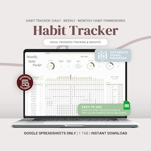 Hoja de cálculo de Google para el seguimiento de hábitos / Horario de rutina diaria, Gráfico de progreso de rachas semanales, Lista de verificación de objetivos