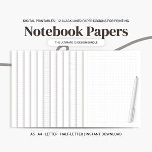 Afdrukbare sjablonen voor notebookpapier, collegeregel, gevoerd, gestippeld raster (A4, A5 pdf)