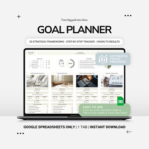 May include: A digital goal planner displayed on a laptop screen, featuring sections for areas of life, goals achieved, and top priorities. The interface includes progress charts, task lists, and visual trackers for personal development and financial management.