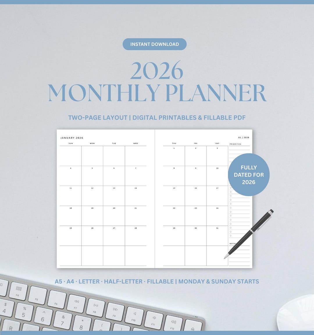 Printable 2026 Monthly Planner Templates | Minimalist Two-page Calendar ...
