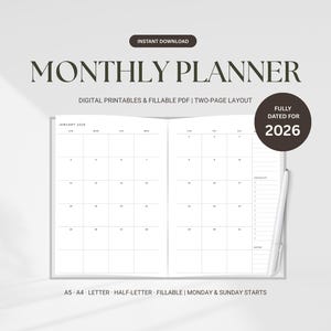 印刷可能な2026年月間プランナーテンプレート｜ミニマリストな2ページカレンダーレイアウト｜PDFインスタントデジタルダウンロード