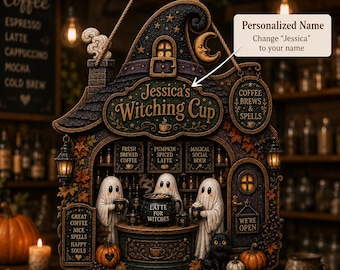 Personalized Witch Coffee Shop Wooden Sign 2 Layer, Halloween Door Hanger, Custom Witch Café Decor, Spooky Ghost Coffee Bar Sign