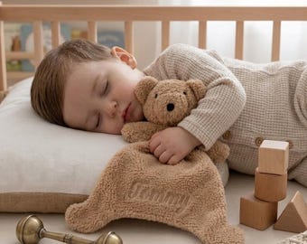 Personalized Teddy Bear Lovey Blanket, Embroidered Name Security Comforter, Plush Baby Gift