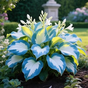 Puede incluir: Una vibrante planta de hosta con hojas grandes en forma de corazón. Las hojas presentan una llamativa combinación de azul, blanco y verde amarillento, con bordes blancos y bordes azules. Delicadas flores blancas florecen en la parte superior de la planta.