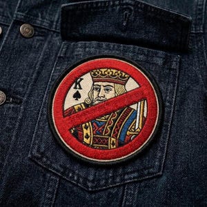 May include: Embroidered patch featuring a king playing card design with a red "no" symbol over it. The patch is circular with a black border and is sewn onto a dark blue denim jacket pocket.
