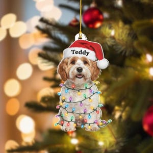 May include: A Christmas ornament featuring a dog wearing a Santa hat with the name "Teddy" on it. The dog is wrapped in colorful Christmas lights, with a gold string for hanging. The background is a blurred Christmas tree.