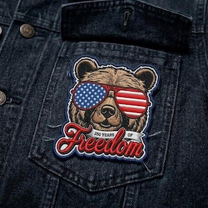 American Freedom Bear Embroidered Patch, Patriotic USA Bear Patch, Cute American Pride Applique for Jacket, Hat, Backpack