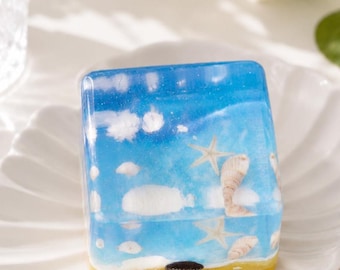 Handmade Clear Beach Cube Squishy, Stress Relief Fidget Toy, Home Decor, Ocean Lovers Gift