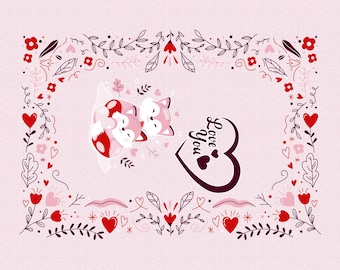 Love You Card, Cartoon Foxes and Heart, Romantic Greeting
