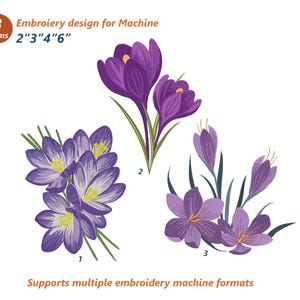 Puede incluir: Tres diseños de bordado de flores de azafrán moradas con tallos y hojas verdes. Los diseños están etiquetados 1, 2 y 3. El texto dice "Diseño de bordado para máquina 2"3"4"6" y "Admite múltiples formatos de máquina de bordar."