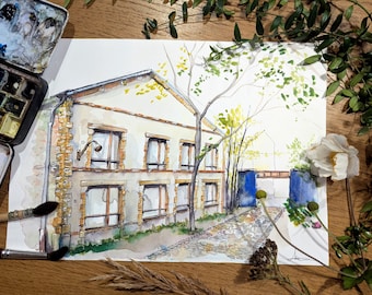 May include: Watercolor painting of a two-story building with a stone facade, windows, and a blue door. A tree with green leaves and a stone path are in front of the building. Paintbrushes and a watercolor palette are in the foreground.