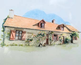 Custom hand-painted watercolor portrait of a house, painted from a photo, perfect as a housewarming gift, holiday present, or souvenir.
