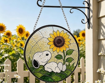 Cute Dog Glass Suncatcher,Spring Sunflower Decor,Cute Snoopy Gift