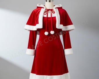 Vestido navideño con ribete de piel blanca – Disfraz de Papá Noel hecho a mano, conjunto navideño de terciopelo, vestido gótico para cosplay, inspirado en la rosa negra