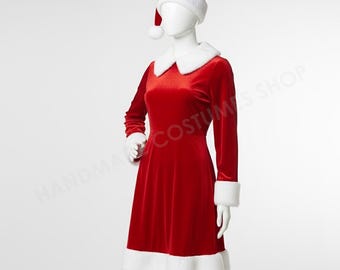 Vestido navideño de terciopelo rojo con gorro de Papá Noel – Disfraz de Papá Noel para mujer, atuendo navideño para cosplay, vestido de fiesta navideño de terciopelo
