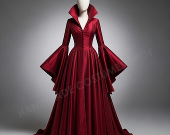 Vestido de vampiro gótico victoriano color burdeos / Vestido de baile eduardiano / Traje rojo vintage barroco de manga larga