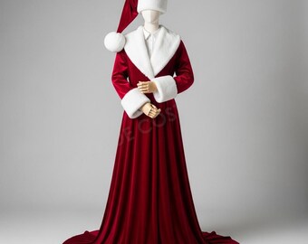 Vestido de terciopelo rojo de Mamá Noel / Vestido navideño de la Sra. Claus para mujer con ribete de piel / Disfraz navideño