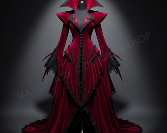 Gothic Vampire Queen Dress – Red Velvet Victorian Gown with Black Lace, Steampunk Witch Costume, Handmade Halloween Cosplay Outfit
