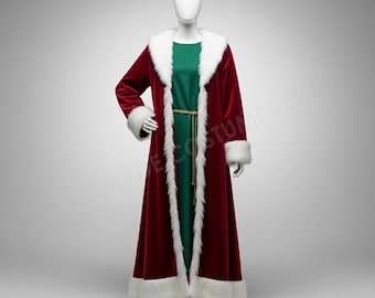 Vestido de Mamá Noel para mujer – Disfraz navideño de terciopelo con ribete de piel sintética, traje de ayudante de Papá Noel, capa para fiestas navideñas o cosplay