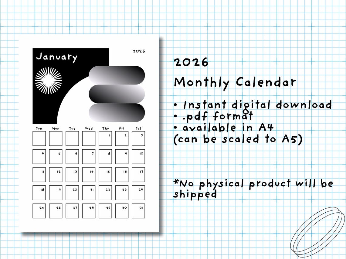 2026 Monthly Calendar | Printable A4 | Black &amp; White Abstract Geometry | PDF Download - Etsy Canada