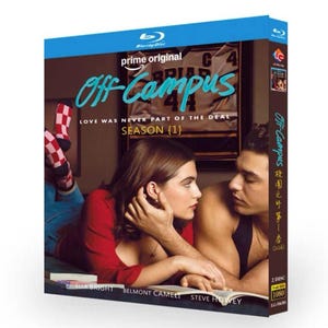 May include: Blu-ray disc for the Prime Original series "Off Campus." The cover features a couple in a romantic pose, with the show's title in teal script. The text "LOVE WAS NEVER PART OF THE DEAL" and "SEASON {1}" are also visible.