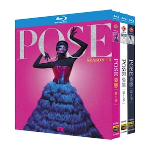 May include: Blu-ray box set for the TV series "Pose" Season 1, featuring a vibrant pink background with the show's title in silver. The cover art showcases a person in a dramatic gown. Additional seasons are visible.