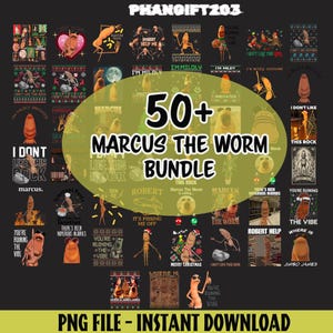 May include: A digital download bundle with over 50 designs of "Marcus the Worm." The designs include illustrations and text, in various colours and styles. The text includes phrases such as "I don't like this rock" and "Merry Christmas."