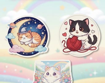 Kawaii Cat Sticker Pack of 3 | Cute Chibi Cat Stickers | Vinyl Waterproof Stickers | Laptop, Water Bottle, Journal Planner Decor