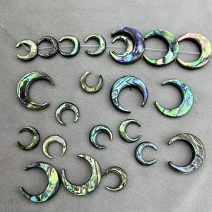 Può includere: Una collezione di gioielli iridescenti a forma di mezzaluna. I pezzi variano per dimensioni e colore, mostrando una gamma di blu, verdi e viola. Alcuni hanno un aspetto strutturato, simile all'abalone, mentre altri sono lisci.