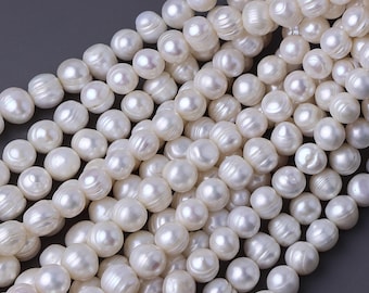 Perline quasi rotonde filettate da 10-11 mm, perle d'acqua dolce naturali, perline sciolte per gioielli di perle fatti a mano, una stringa lunga circa 34-35 cm