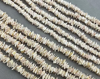 Puede incluir: Varias hebras de fragmentos de concha de color blanquecino, probablemente para la fabricación de joyas, se disponen en diagonal. Las piezas de concha tienen una forma y textura irregulares, con sutiles variaciones de color.
