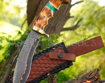 Cuchillo de hoja fija de acero de Damasco de cobre hecho a mano – Mango de hueso y turquesa de 30 cm / Funda de cuero incluida