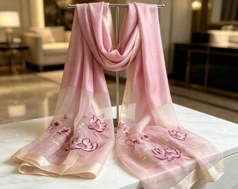 Floral Embroidered Mulberry Silk Semi-Sheer Lightweight Shawl Soft Elegant Long Women's Sunscreen Silk Scarf