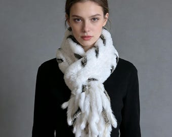 Brown Grey Rabbit Fur Infinity Scarf Shawl Wrap Warm Scarf Fur